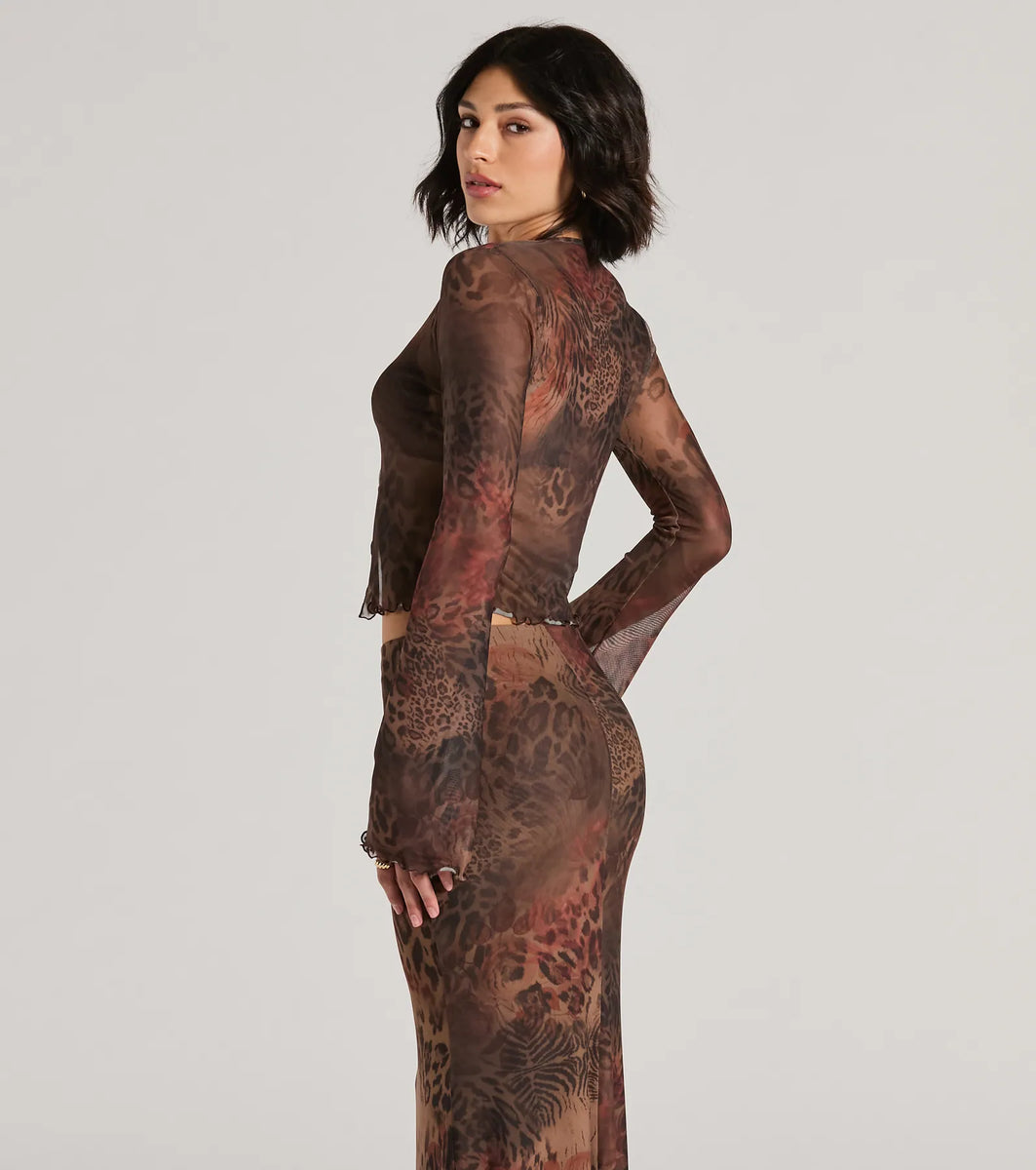 Molly Smith Leopard Rose Print Buckle Detail Cowl Crop Top