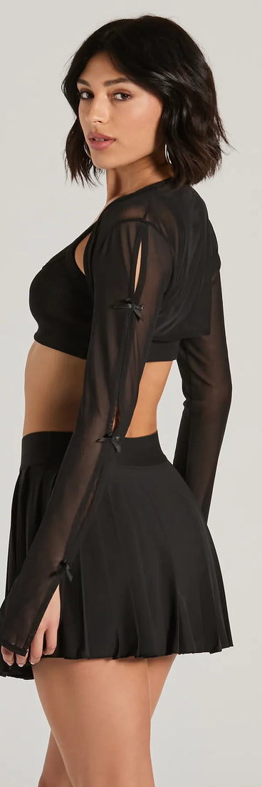 Add the perfect finish with the Whimsical Mood Bow Long Sleeve Mesh Bolero, a black bolero that refines your look with effortless charm.