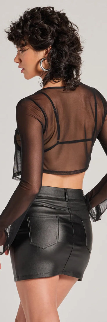 Stand out in 2025 in the Get The Look Long Sleeve Tie-Front Mesh Top, a women's black long-sleeve top crafted from an elevated fabric with a modern neckline perfect for party outfits, bridal shower attire, or elevated casual outfits.