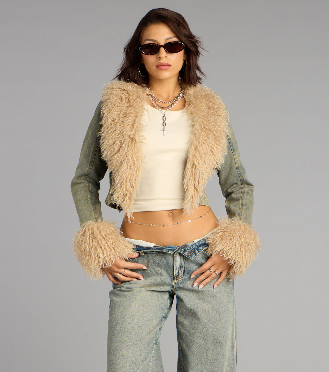 Scene Stealer Faux Fur Crop Denim Jacket | Windsor