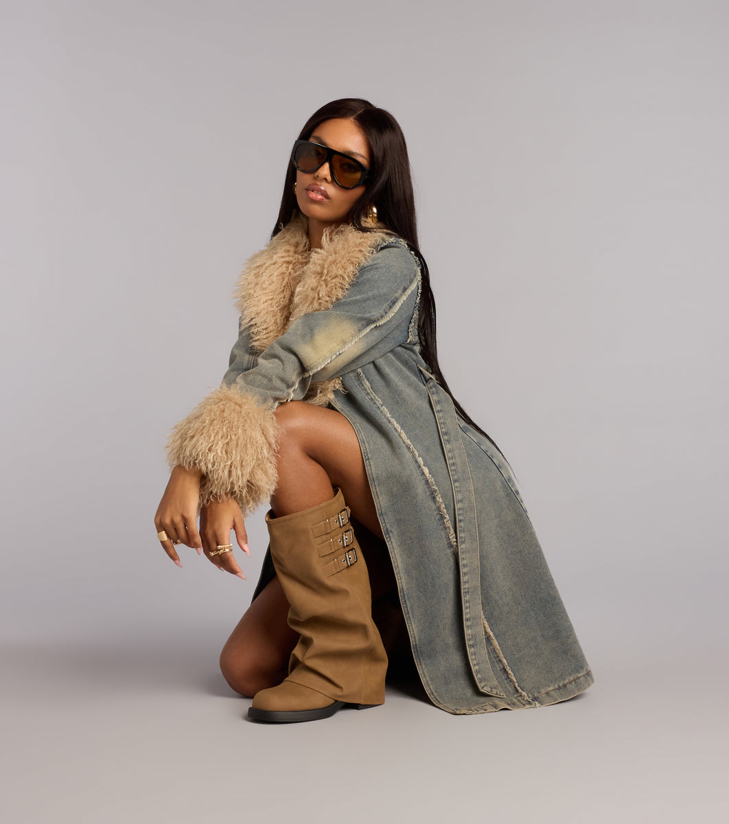 Cold Front Confidence Faux Fur Denim Trench Coat | Windsor