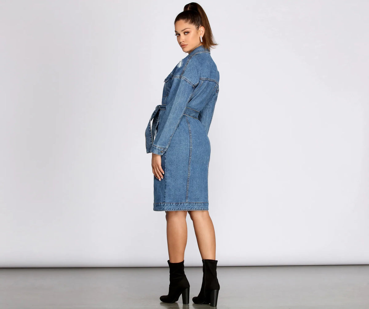 Be That Babe Belted Long Denim Jacket | Windsor Be That Babe Belted Long Denim Jacket | Windsor