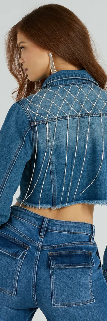 Trendy Glam Rhinestone Fringe Cropped Denim Jacket