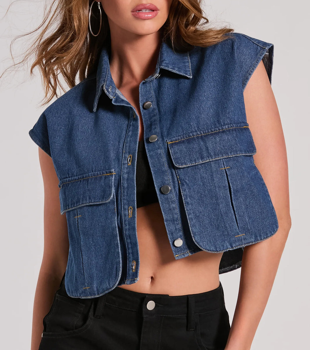 Edgy Mood Pocket Oversized Crop Denim Vest | Windsor