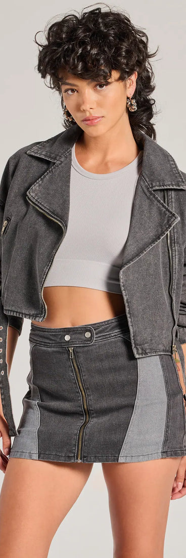 Add instant cool to your outfit with the Add Some Edge Moto Denim Jacket, a black moto jacket built for statement layering.