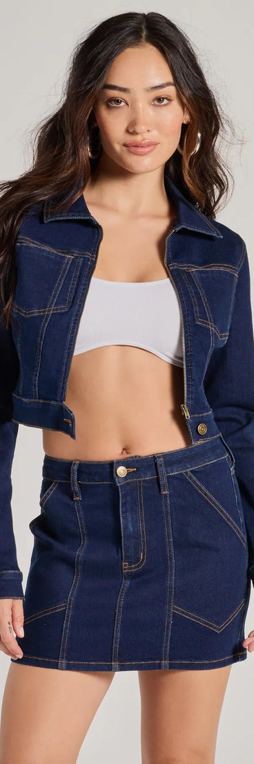 Effortlessly create party outfits or vacation-ready looks with the Covetable Cutie Contrast Stitch Denim Jacket, one part of a versatile women's dark denim matching set perfect for quick and easy outfit combinations from layering chic outfits to transitioning your look seamlessly.