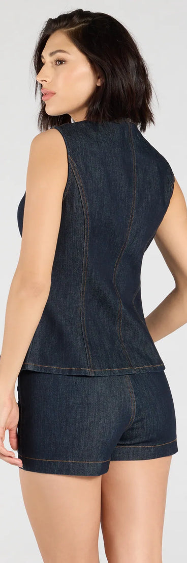 Get inspired with the Exceptional Poise Sleeveless Button Denim Vest, a feed-worthy dark denim wash piece that’s part of Windsor's updated and curated women’s clothing edit packed with must-have fall outfit ideas.