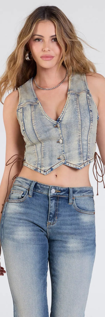 The Such A Mood Lace-Up Side Denim Vest in denim blue brings edge and energy to your vibe, ready to elevate any festival look or concert outfit.