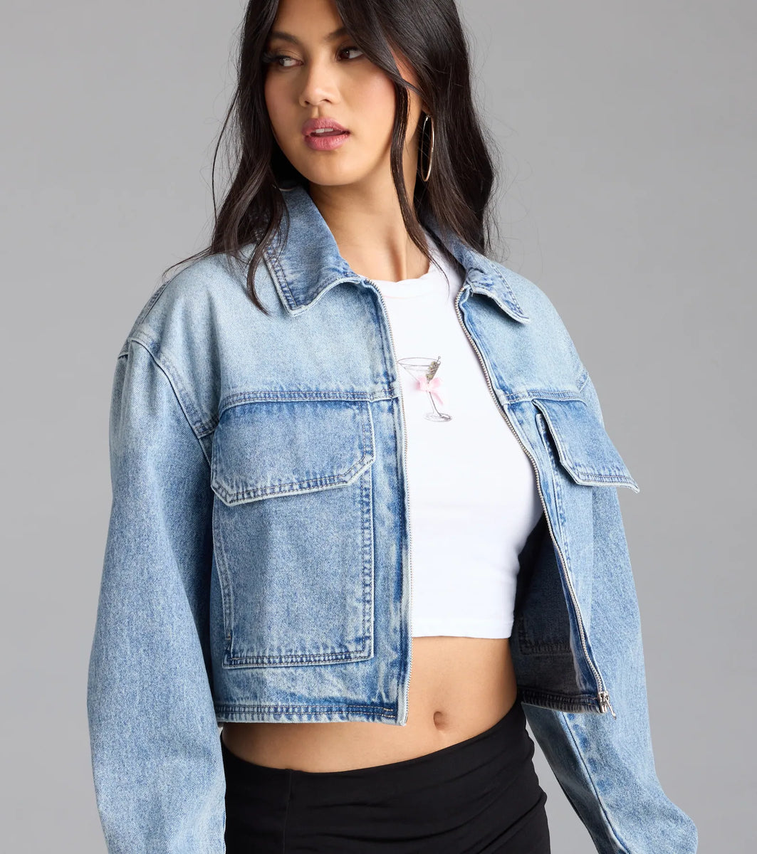 Cool Girl Zip Up Crop Denim Jacket | Windsor