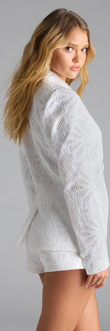 Top off your look with the Chic Babe Eyelet Lace Blazer, a ivory blazer that adds sharp structure and polished edge to any outfit.