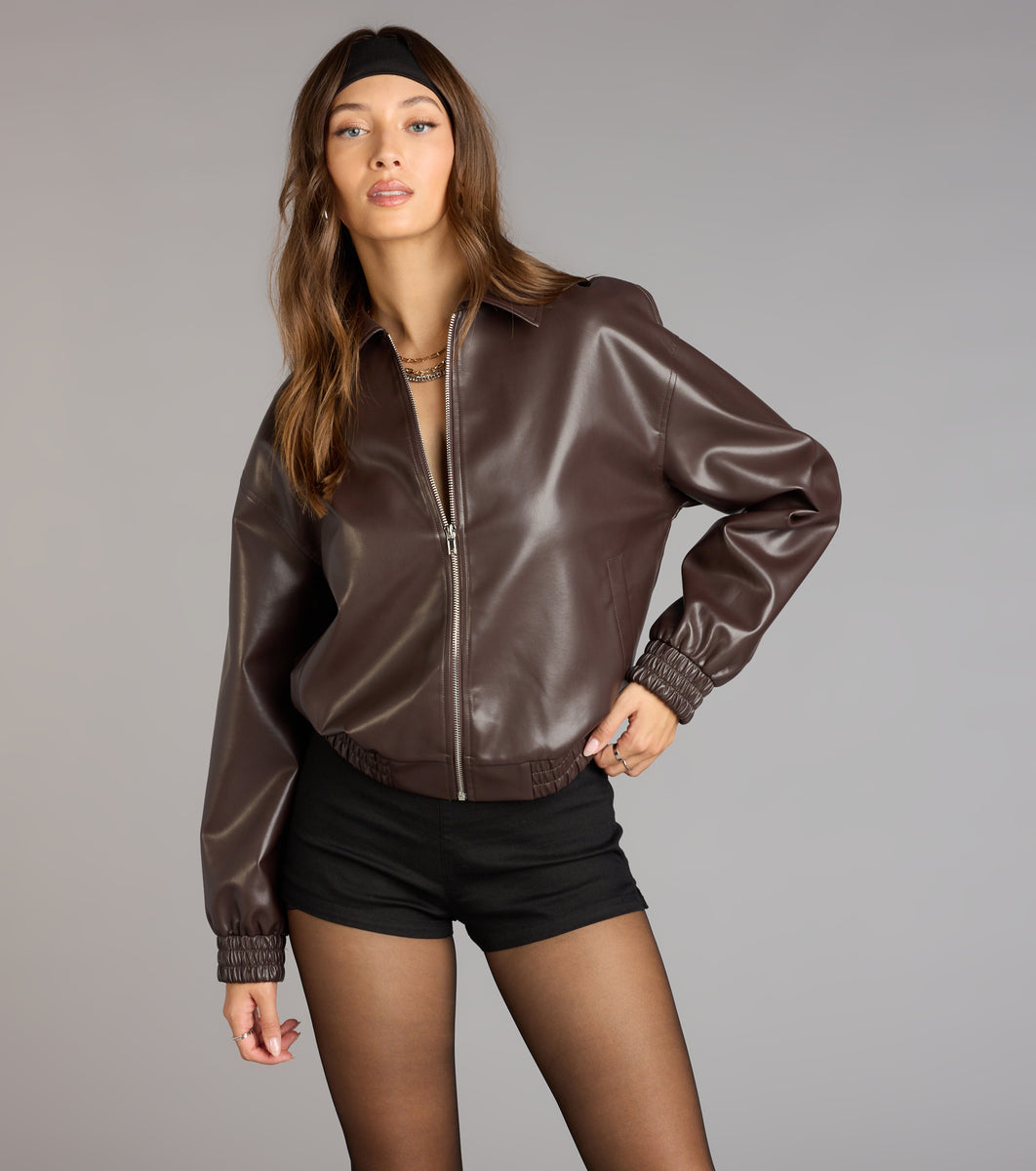 FAUX LEATHER TUCK ジャケット Casual Slay Cropped Oversized Faux Leather Bomber Jacket
