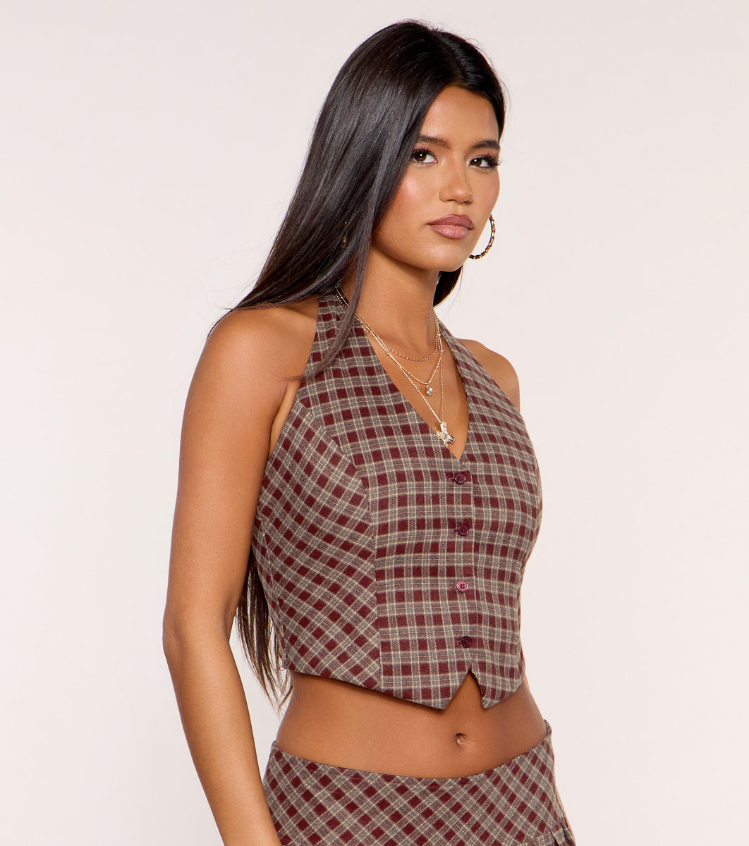 Prep Shift Plaid Cropped Button Front Vest Top | Windsor