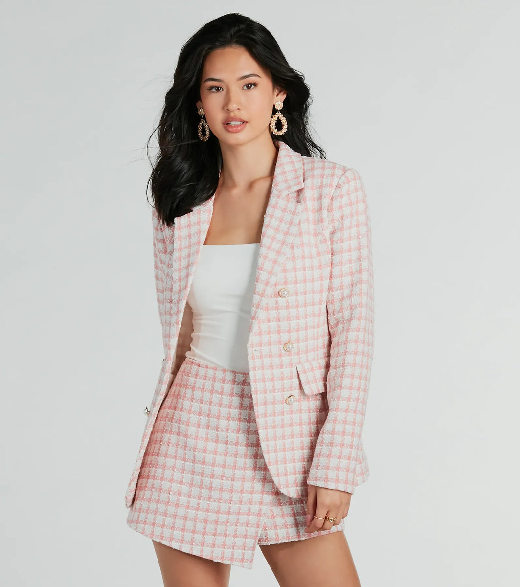 Preppy Beauty Tweed Faux Pearl Button Plaid Blazer | Windsor