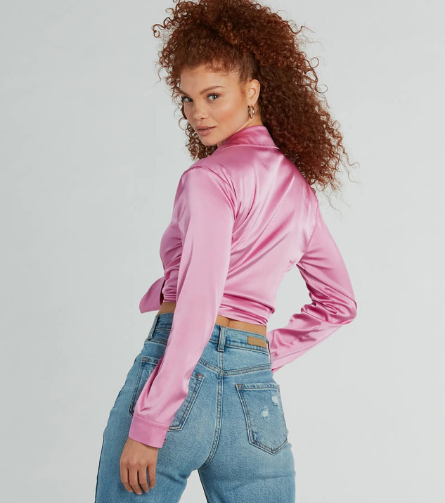 Trendy women’s tops in pink, like the So Sleek Satin Tie-Front Blouse, bring effortless style for fall layering, lounging, or going out.
