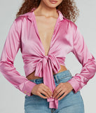 With its midriff cut and trend-forward fit, the So Sleek Satin Tie-Front Blouse is a pink crop top made to pair with skirts, denim, or whatever vibe you're feeling this season.