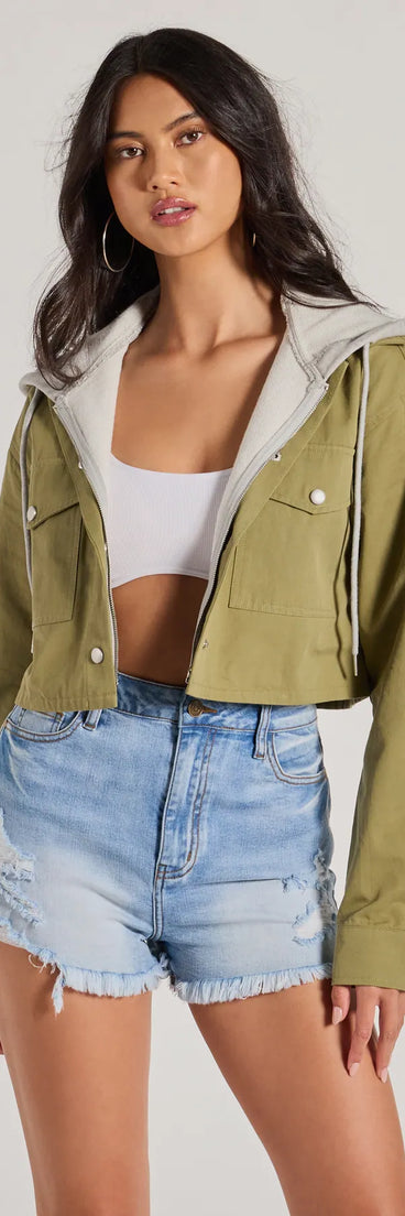 This olive green piece brings trend-right energy to the Cozy And Cool Twill Layered Hoodie Jacket, perfect for fall outfits that stand out.