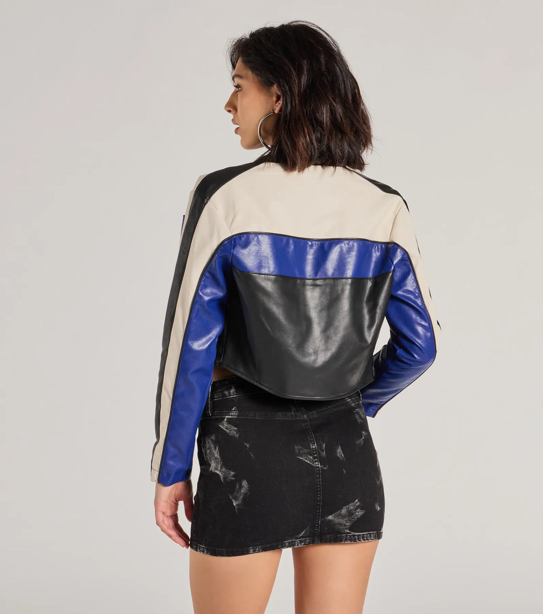 【I AM MARI】Eldo Round Shirring Crop Jacket Ride In Style Faux Leather Moto Crop Jacket | Windsor