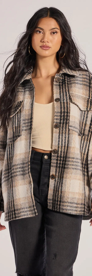 Upgrade your style game for 2025 with the On-Point Plaid Faux Wool Shacket in gray, perfect for any fashion-forward wardrobe.