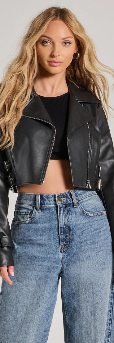Bring statement edge with the Untamed Chic Faux Leather Cropped Moto Jacket, a black faux leather jacket that adds sleek, trend-driven appeal to any dressy or casual outfit.