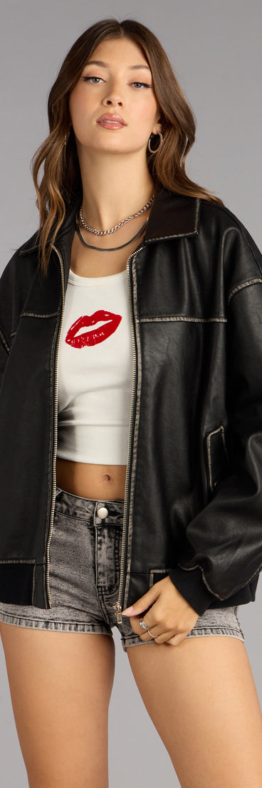 This piece brings trend-right energy to the Vintage Chic Faux Leather Oversized Bomber Jacket, perfect for fall outfits that stand out.