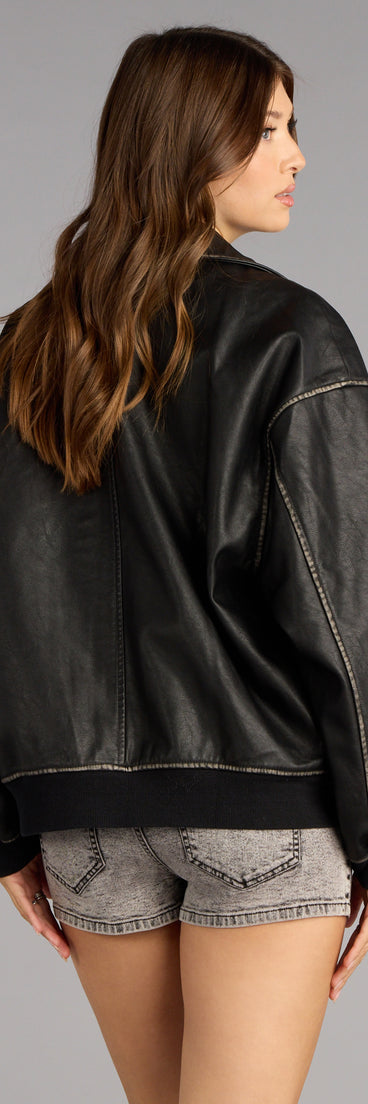 This piece brings trend-right energy to the Vintage Chic Faux Leather Oversized Bomber Jacket, perfect for fall outfits that stand out.