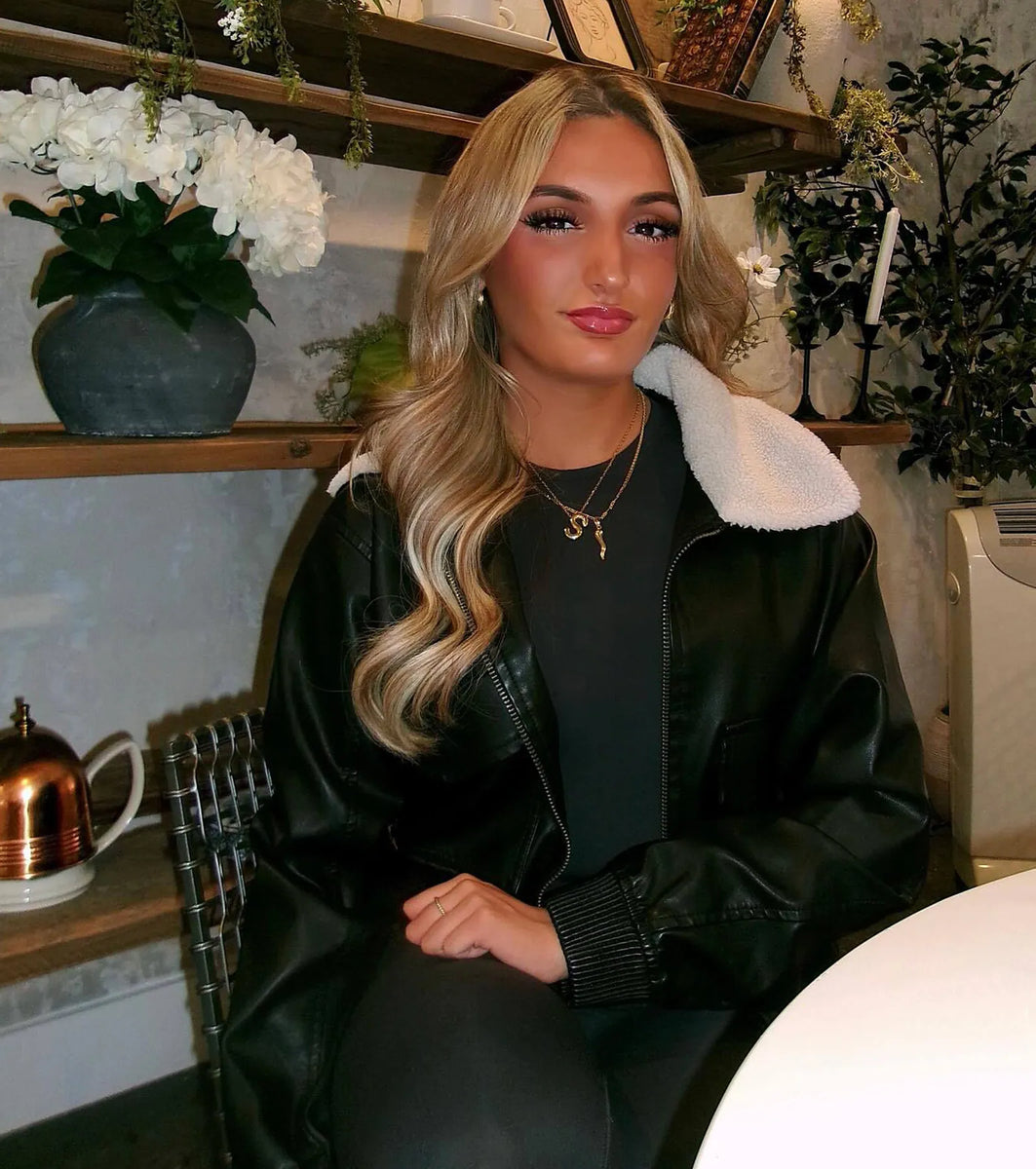 Edgy Chic Flair Faux Leather And Sherpa Bomber Jacket | Windsor