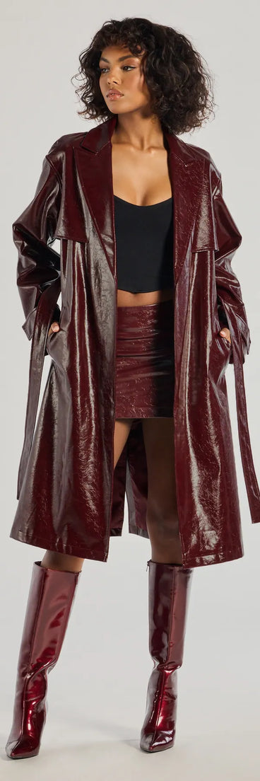 Chic Authority Faux Leather Trench Coat