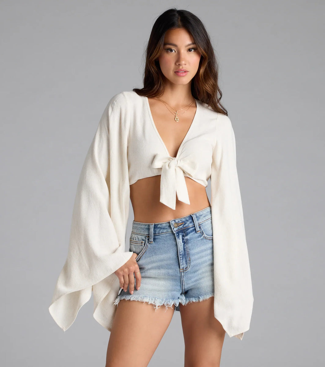 Bring The Drama Bell Sleeve Tie Front Crop Top | Windsor