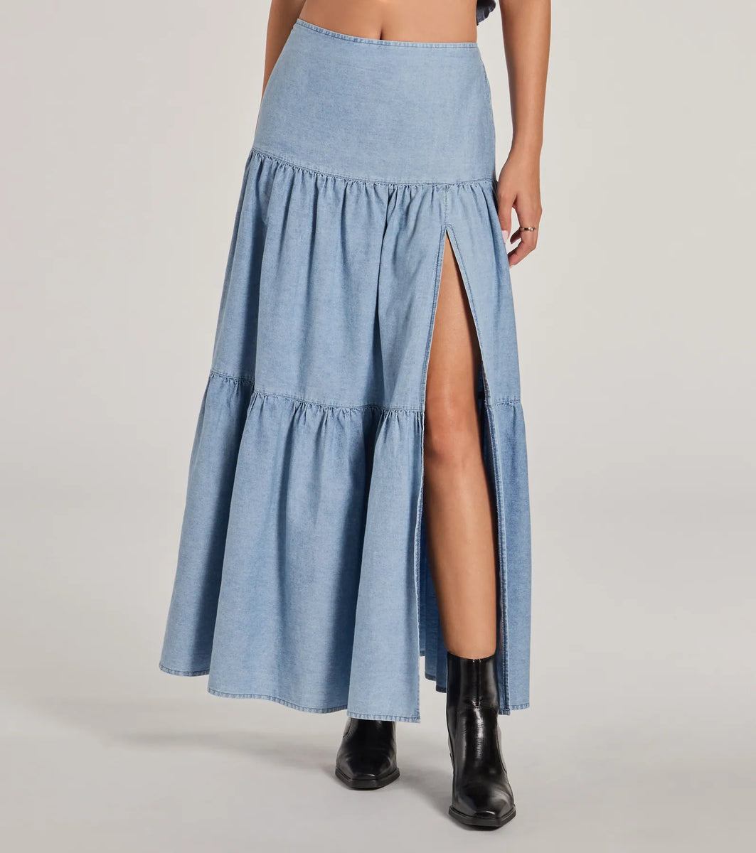 Just Got Sweet High-Rise Slit Chambray Maxi Skirt | Windsor