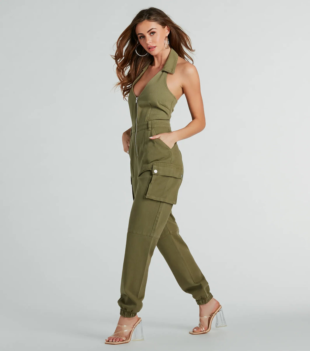 On The Hit List Halter Cargo Jogger Denim Jumpsuit | Windsor