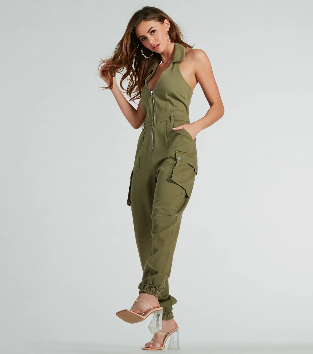 YUTHENTIC ♥ Utility Denim Jumper AJ4AM60212 /追跡付 On The Hit List Halter Cargo Jogger Denim Jumpsuit | Windsor