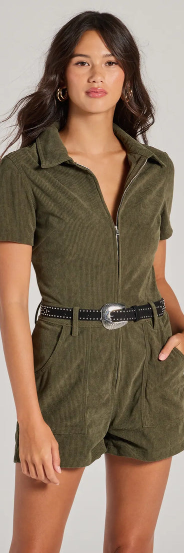 Perfect as a dress alternative for a date-night outfit, wedding guest attire, and cocktail party dress alike, the Cute Trend Corduroy Short Sleeve Romper is a women's olive romper that combines a stylish, unique design with festive colors and on-trend details for a standout look!