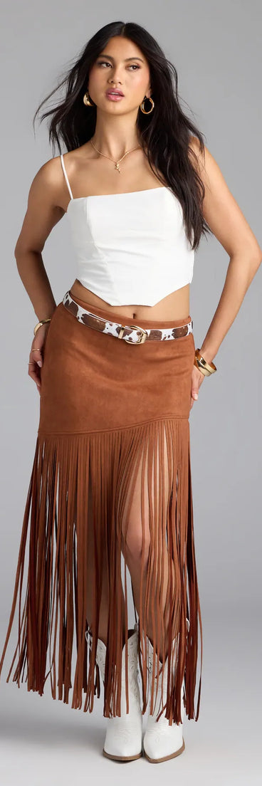 A chic tan faux leather skirt, like the Shake It Up Fringe Maxi Skirt, brings sleek texture and versatile edge to casual or night-out outfits.