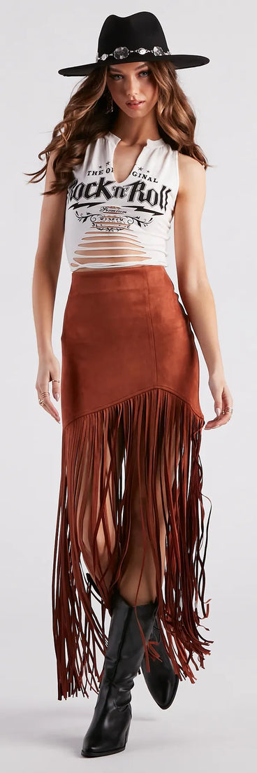 The Wild At Heart Long Fringe Skirt is a trendy women's bottom in tan, designed with modern details and alluring textures to complete chic outfits for 2025.