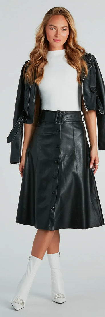 On The Go Girl Faux Leather A-Line Midi Skirt