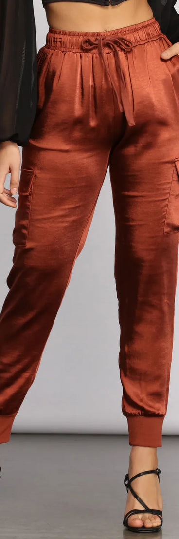 High Waist Satin Cargo Joggers