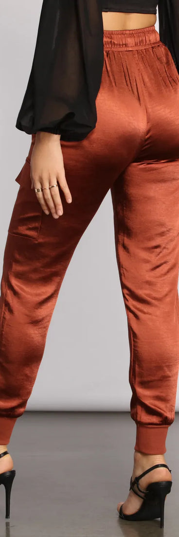 High Waist Satin Cargo Joggers