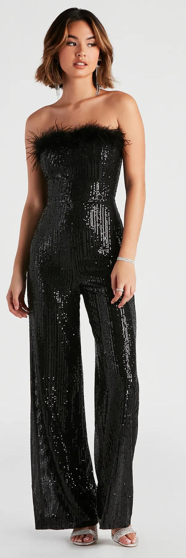 Always Fabulous Feather-Trim Sequin Jumpsuit