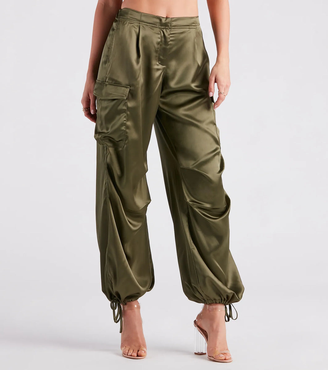 GLOSSY SATIN CARGO PANTS(36 WHITE): BOTTOMSjosemoon