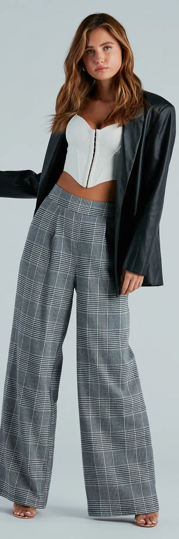 Power Hour Plaid Wide-Leg Trouser Pants