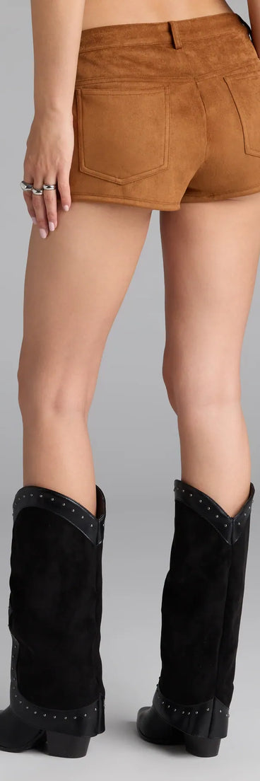 Create an edgy yet effortless vibe for day-to-night wear in the Wild Times Mid-Rise Faux Suede Hot Shorts, camel brown faux suede shorts that add bold texture for chic streetwear or going-out styles.