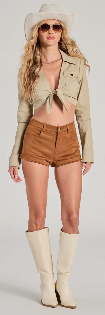 Upgrade your style game for 2025 with the Adventurous Girlie Faux Suede Shorts in tan, perfect for any fashion-forward wardrobe.