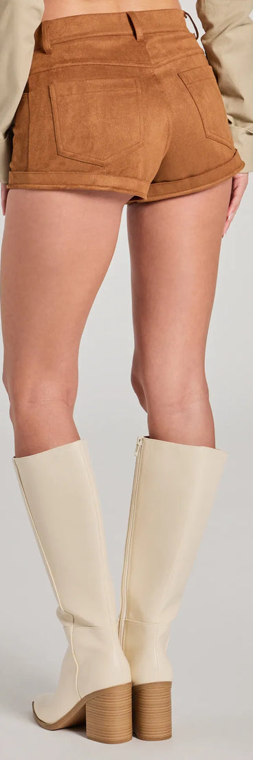 The Adventurous Girlie Faux Suede Shorts is a trendy women's bottom in tan, designed with modern details and alluring textures to complete chic outfits for 2025.