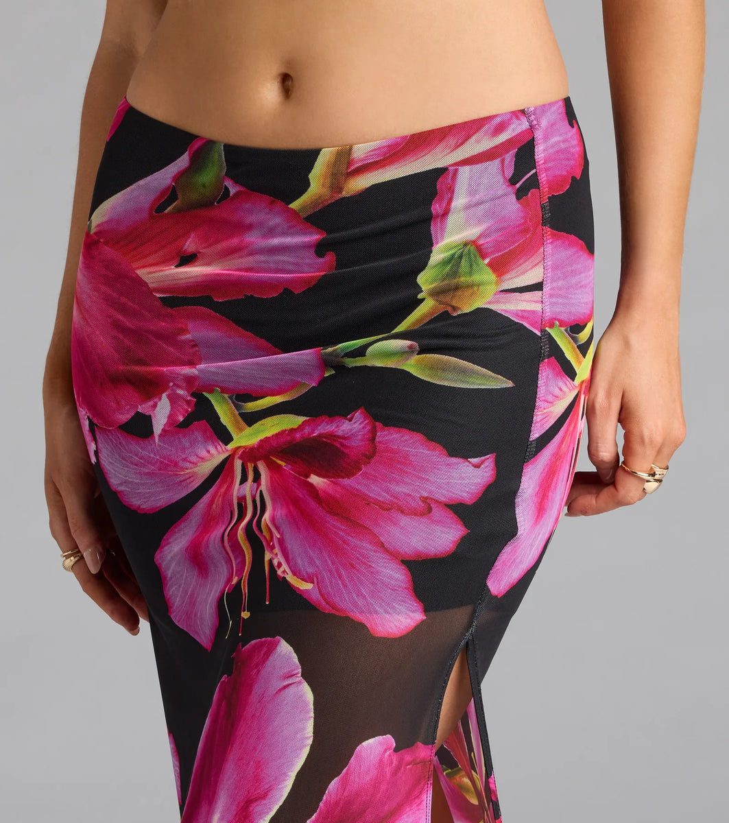 Vacay Queen Tropical Floral Mesh Maxi Skirt | Windsor