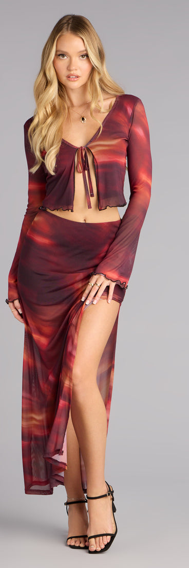 Sunset Glow Abstract Print Mesh Maxi Skirt