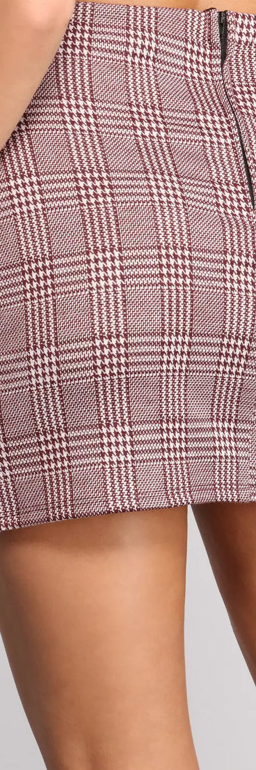 High Rise Houndstooth Plaid Mini Skirt
