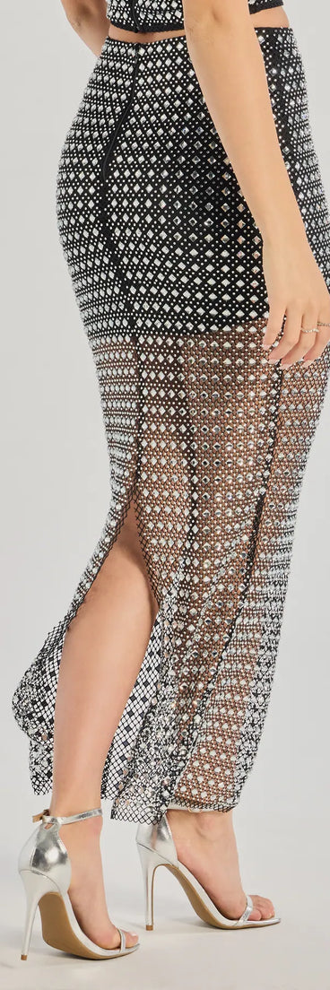 The All That Shines Rhinestone Fishnet Maxi Skirt is a trendy women's bottom in black, designed with modern details and alluring textures to complete chic outfits for 2025.