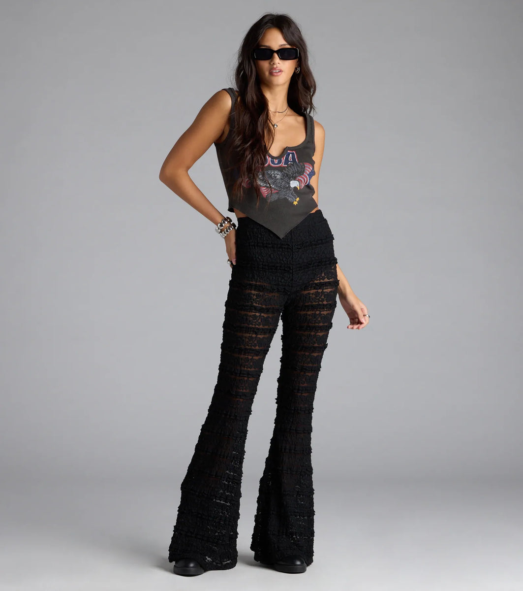 Make A Statement Sheer Lace Flare Pants | Windsor Make A Statement Sheer Lace Flare Pants | Windsor