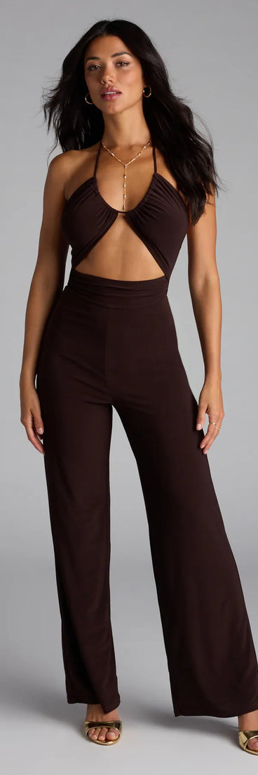 Pack light and style smarter in the Sleek And Sultry Halter Jumpsuit, a brown vacation outfit essential that blends breezy comfort with destination-ready detail.