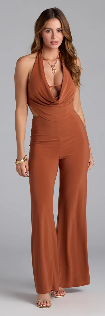 Style up your rotation with the Sleek Silhouette Halter Cutout Jumpsuit, a trendy camel brown jumpsuit made to anchor every outfit with attitude and ease.